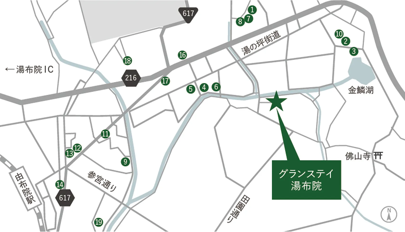 湯布院観光の中心エリアに位置する地図のイメージ